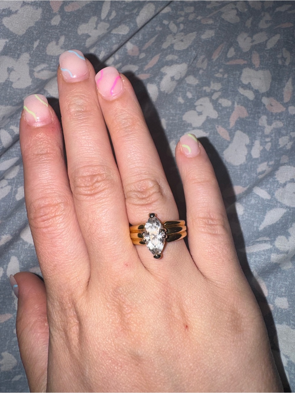 Marquise-Cut Gold-Color Statement Ring with Clear Center Stone